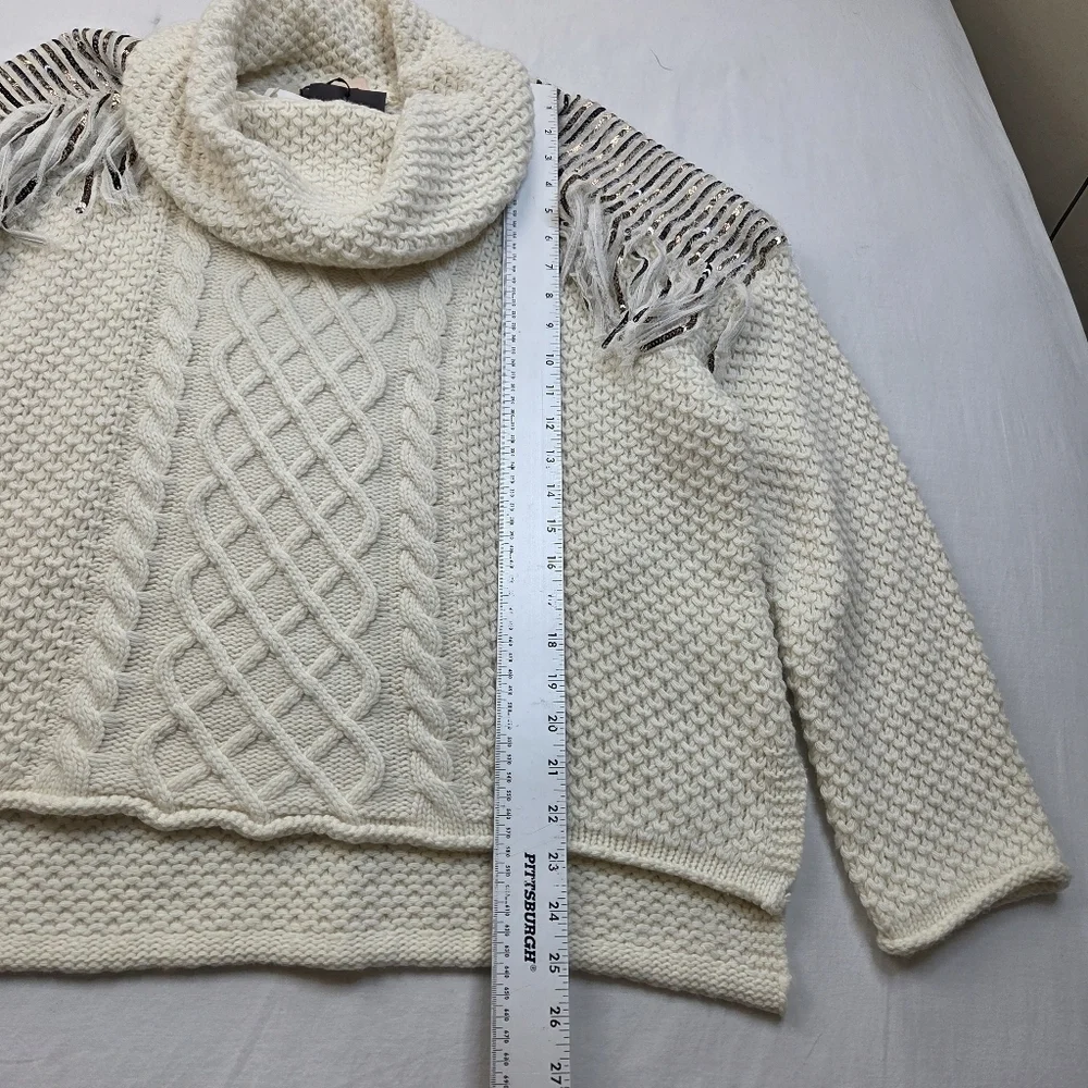 NWT Twinset‎ Milano Fringe Knit Sweater M Ivory Chunky Cable Knit Cowl Neck